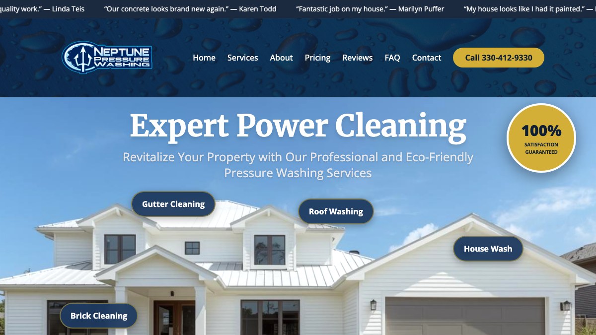 Neptune Pressure Washing website homepage showing service listings and booking features